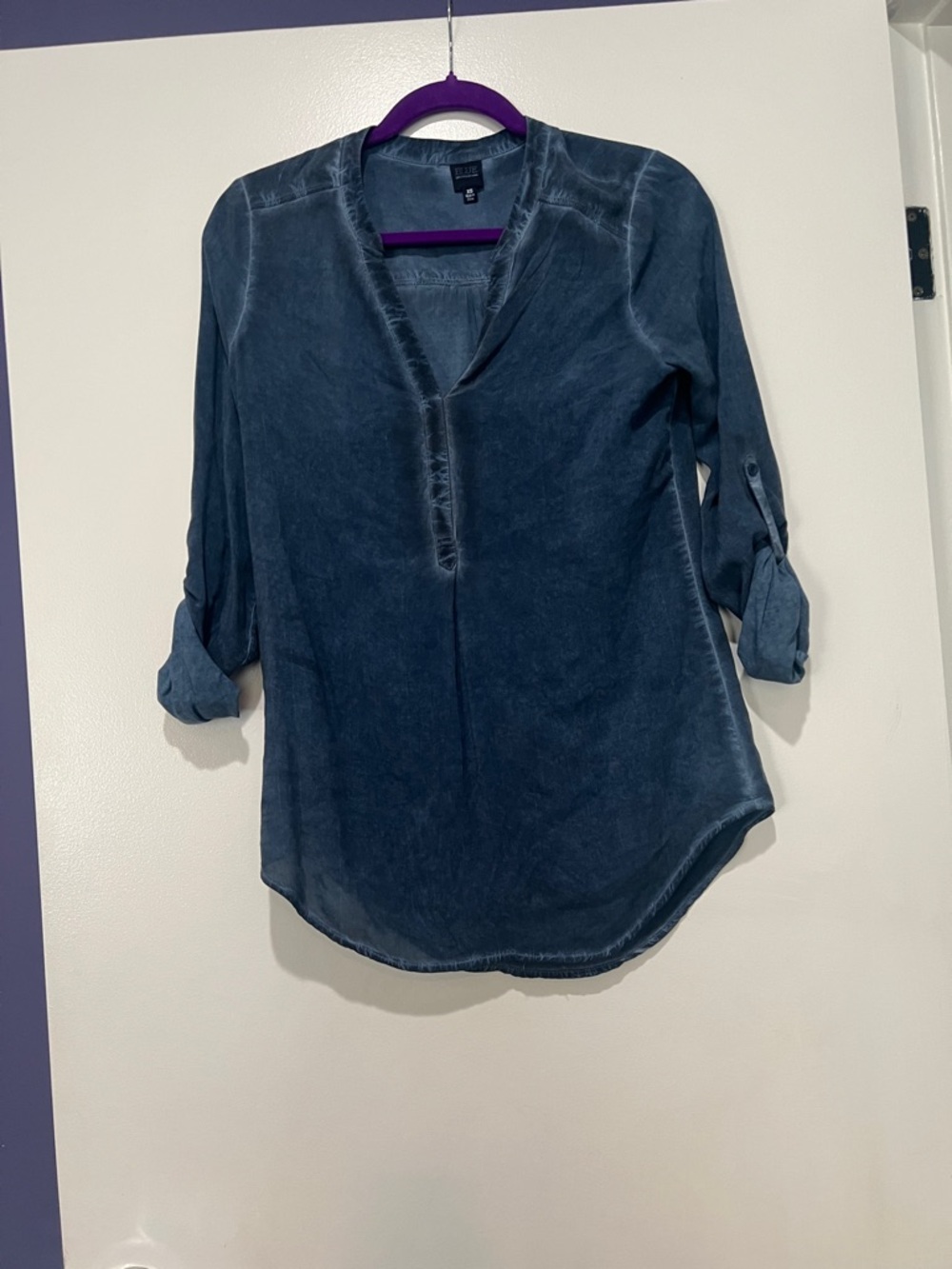 Washed Navy V-Neck Roll-Tab Tunic Blouse